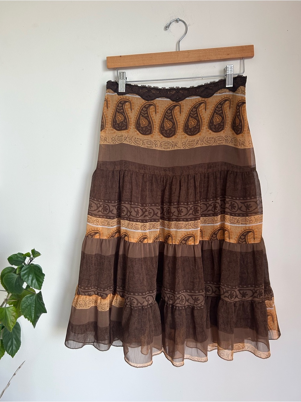Bohemian Tiered Paisley Midi Skirt in Brown and Tan